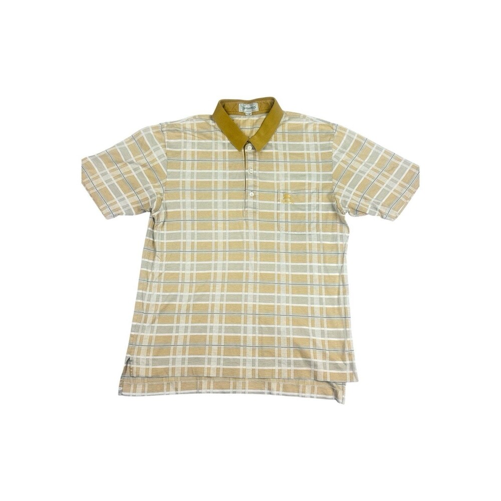 Vintage Burberrys Classic Nova Check Polo Shirt Beige Yellow Plaid Pocket Polo L
